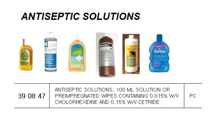 Antiseptic Solutions, 100 Ml Solution Or Preimpregnated Wipes Containing 0.015% W/V Cholorhexidine And 0.15% W/V Cetriide
