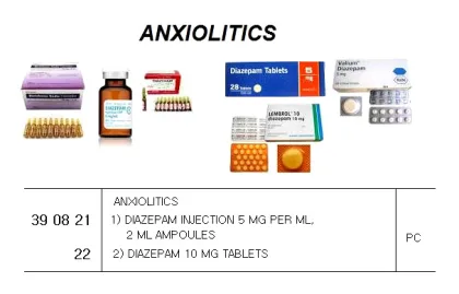 Anxiolitics 1) Diazepam Injection 5 Mg Per Ml, 2 Ml Ampoules