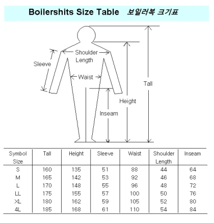 Boilersuits Size Table