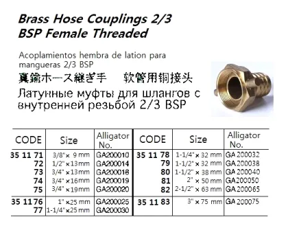 Brass Hose Coupling 2/3 Bsp Female Thread, 1"X 25 Mm, Ga200025, Alligator
