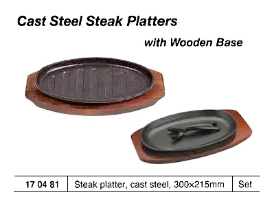 Cast Steel Steak Platter With Wooden Base, 300 X 215 Mm