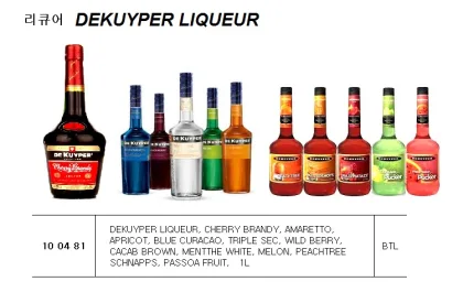 Dekuyper Liqueur, Cherry Brandy, Amaretto, Apricot, Blue Curacao, Triple Sec, Wild Berry, Cacab Brown, Mentthe White, Melon, Peachtree Schnapps, Passoa Fruit, 1L