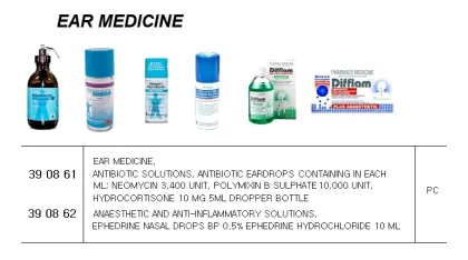 Ear Medicine, Antibiotic Solutions, Antibiotic Eardrops Containing In Each Ml; Neomycin 3,400 Unit, Polymixin B Sulphate 10,000 Unit, Hydrocortisone 10 Mg 5Ml Dropper Bottle