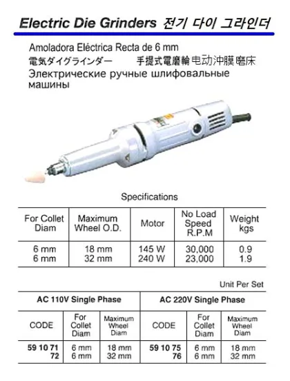 Electric Die Grinder, 6Mm Collet 32 Mm Wheel Ac110V 1 Phase