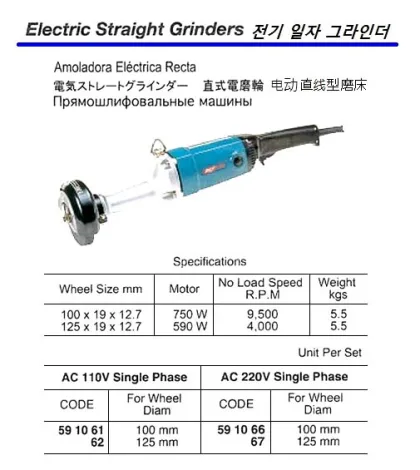 Electric Straight Grinder, Od 125 Mm Elec.ac220V 1 Phase