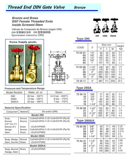 Gate Valve (Din), Bronze, Bsp Female Threaded Ends, Straight 290 Type Size D 2"