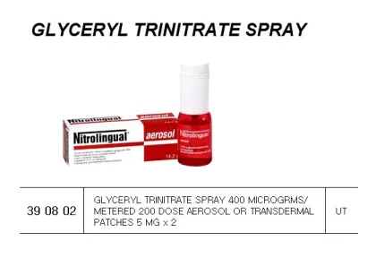 Glyceryl Trinitrate Spray 400 Microgrms/ Metered 200 Dose Aerosol Or Transdermal Patches 5 Mg X 2