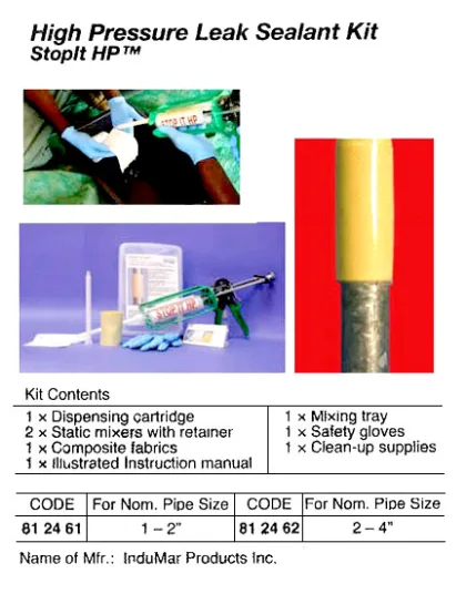 High Pressure Leak Sealant Kit, For Pipe Size 2 4", Indumar Products Inc.