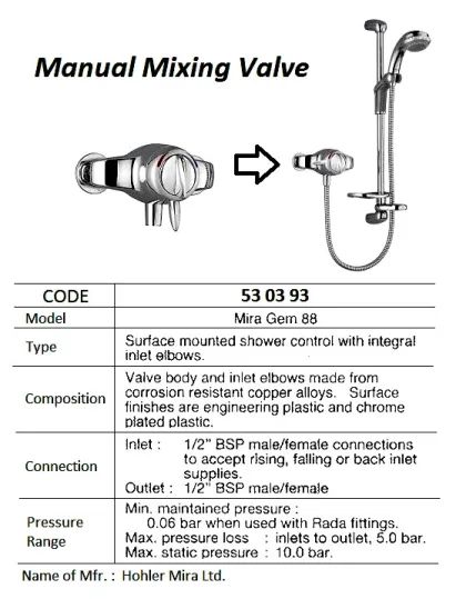 Manual Mixing Valves, Rada 88, In/Out : 1/2" Bsp