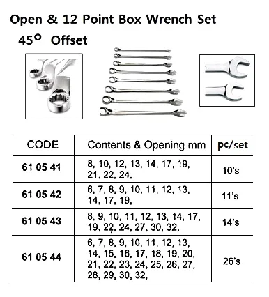 Open & 12Box Wrench Set, 45 Offset, 6~19 Mm 11'S/Set