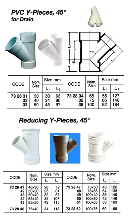 Pvc Reducing Y Piece For Drain, 45 Deg, Size 75 X 50