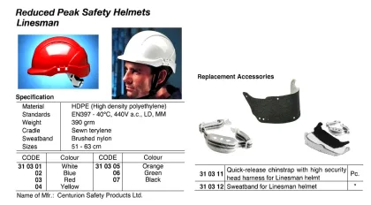 Reduced Peak Safety Helmets Linesman, Yellow, Centurion Safety