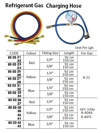Refrigerant Gas Charging Hose, Red, 3/8", 150 Cm, For R22