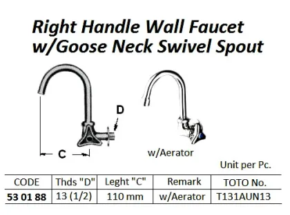 Right Hand Wall Faucet With Goose Neck Swivel Spout & Aerator 13(1/2)