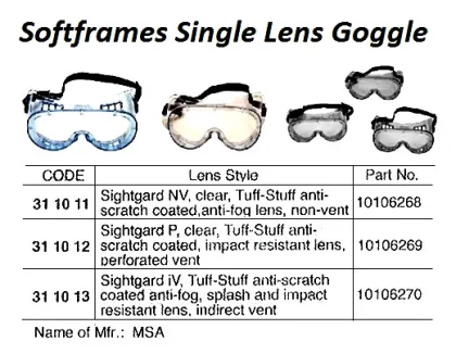 Softrame Single Lens Goggle, Iv, 10106270, Msa