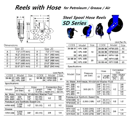 Steel Spool Hose Reels, Sd Series Size 10, Hrl 23B, Graco