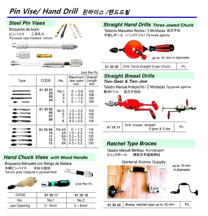 Straight Hand Drill, 3 Jaw Chuck, Up To 10 Mm