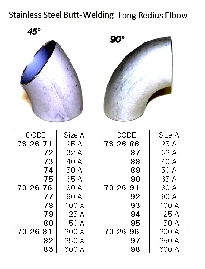 St.steel Butt Welding Long Radius Elbow, 45 Deg, Sch 10, 250 A