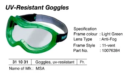 Uv Resistant Goggle, 10076384, Msa