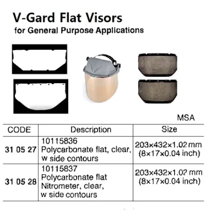V Gard Flat Visor, Polycarbonated Flat, Clear, W Side Contours, 10115836, Msa