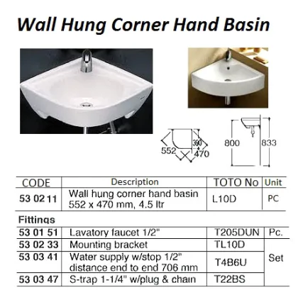 Wall Hung Conner Hand Basin, 601 X 475 Mm 4.5 Ltr
