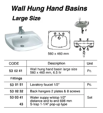 Wall Hung Hand Basin, Large Size 560 X 460Mm 6.5Ltr