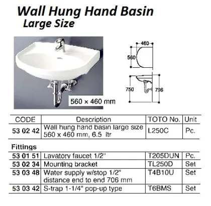 Wall Hung Hand Basin, Large Size, L240C