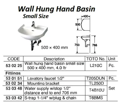Wall Hung Hand Basin, Small Size, L210C