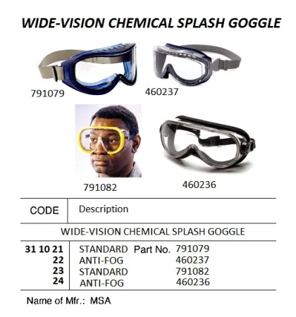 Wide Vision Chemical Splash Goggle, Anti Fog, P.no 460236, Mas